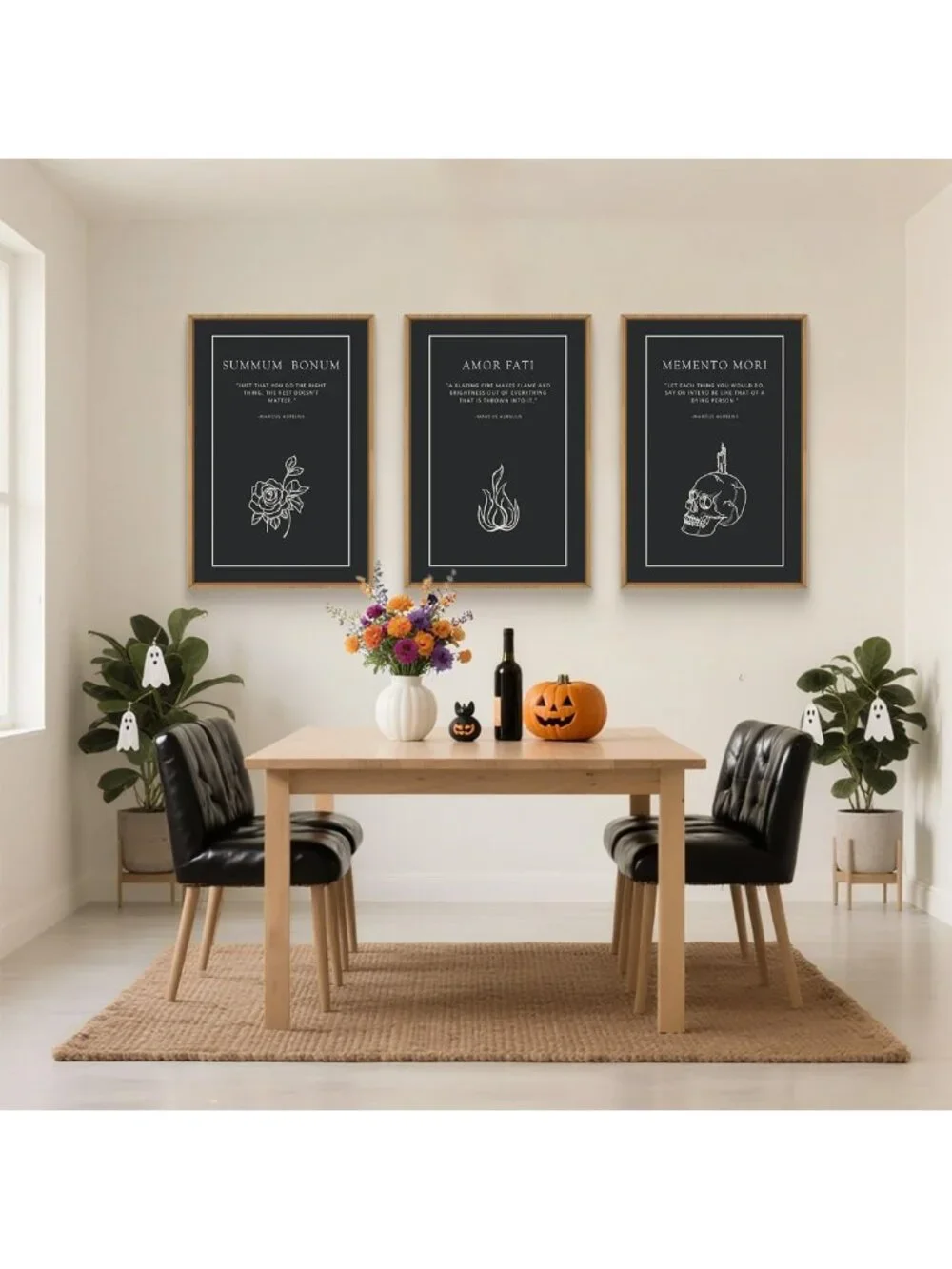 Halloween Canvas Wall Art Set of 3 - Black Skeleton & Vintage Flower Decor for